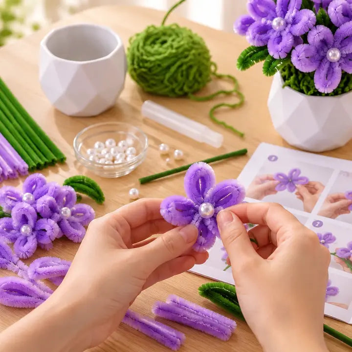 DIY Chenille Hydrangea Flower Kit – Purple Potted Floral Arrangement
