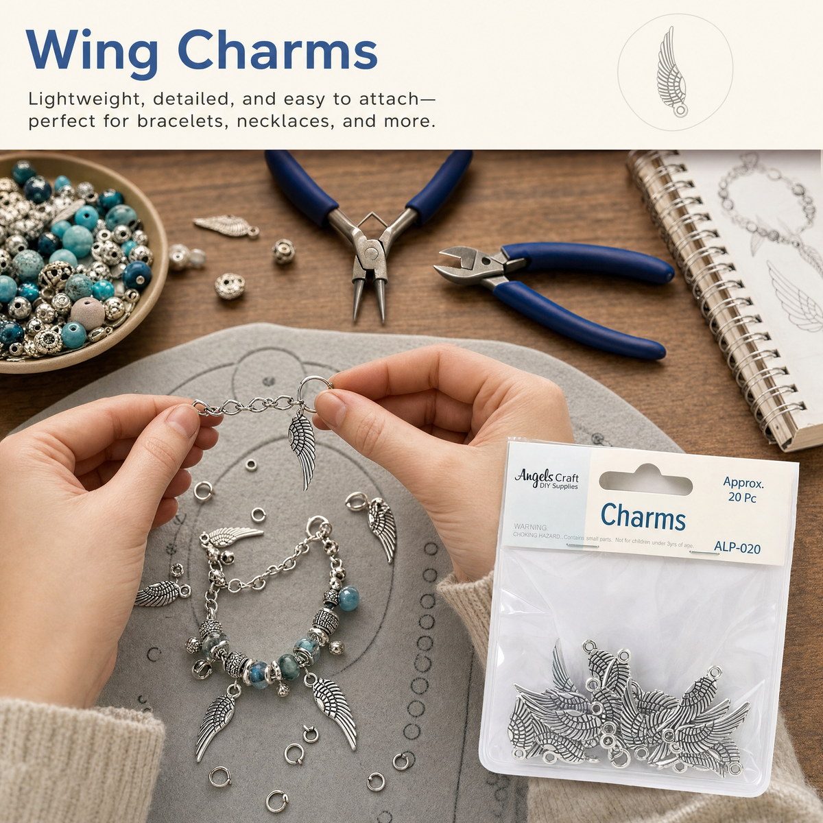 Wing Alloy Charms, Antique Silver - 20-Piece Pack