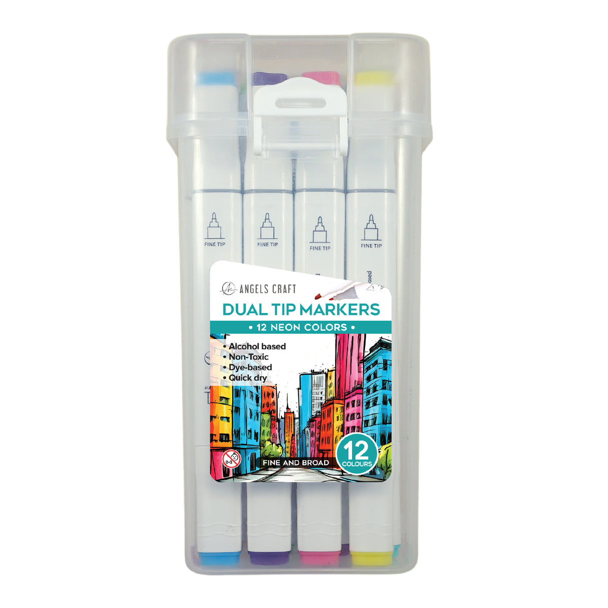 Angels Craft 12-Piece Set of Alcohol Dual Tip Markers in Neon Colors