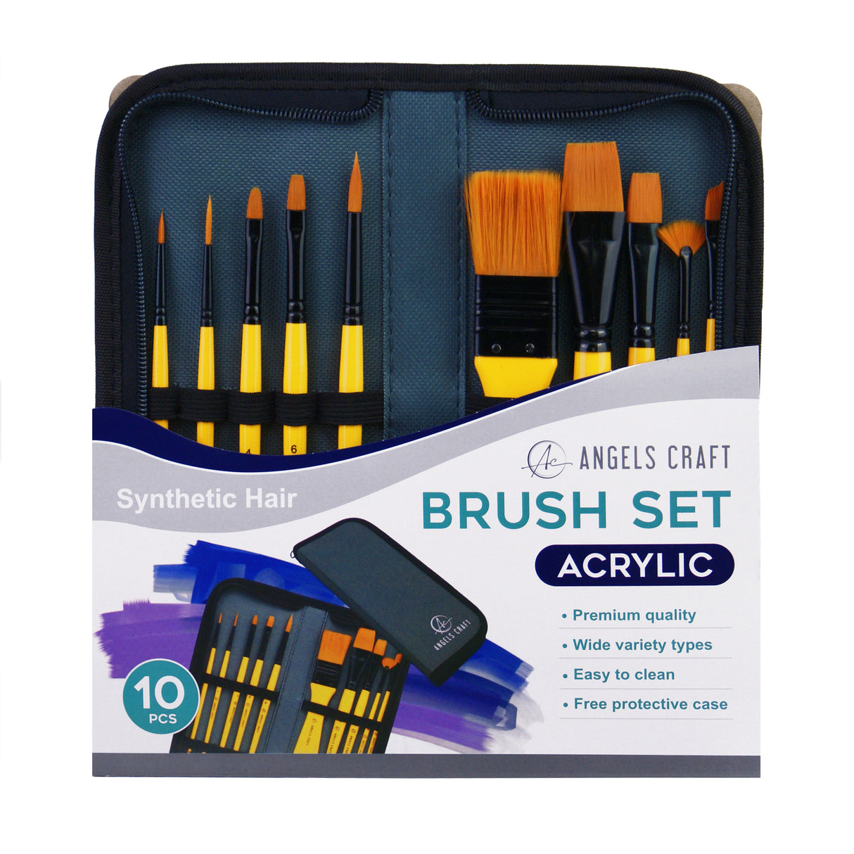 Angels Craft 10-Piece Synthetic Bristles Paint Brush Set with Zip-Up Carrying Pouch