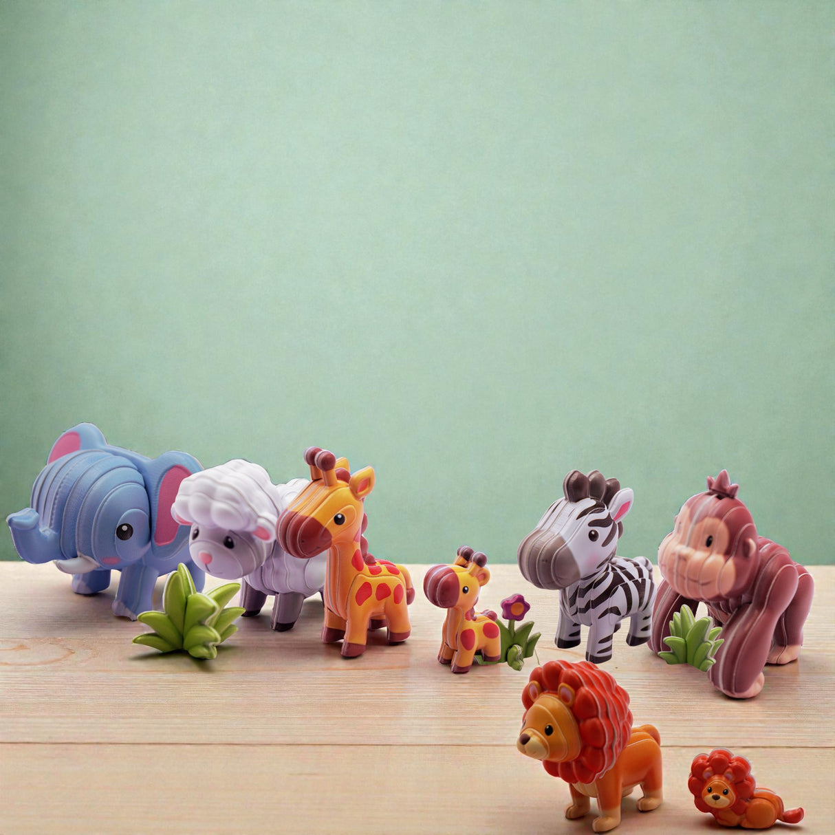 Set of colorful animal figurines on a wooden surface with a light green background