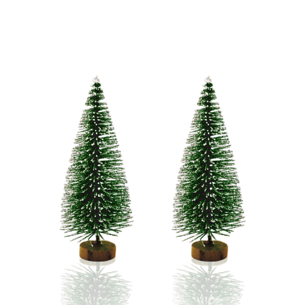 Mini Festive Pine Trees with Wooden Base – 2-Pack