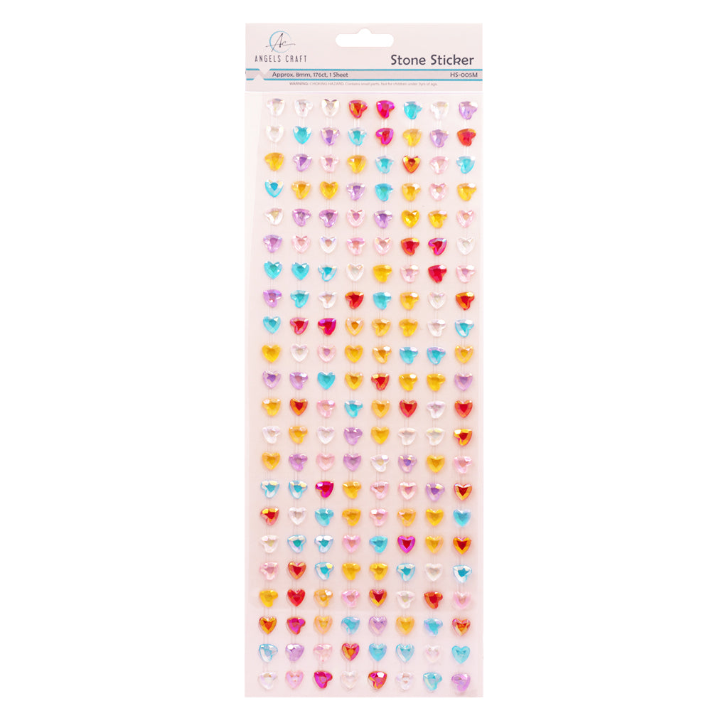 Stone Sticker Sheet: Multi Color Heart Shape (176 Stones Total)