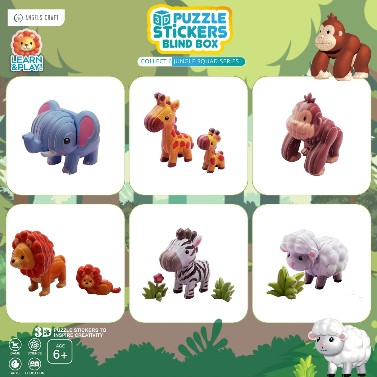 Jungle-themed puzzle stickers with animals on a green background, featuring the brand 'Angels Craft'.