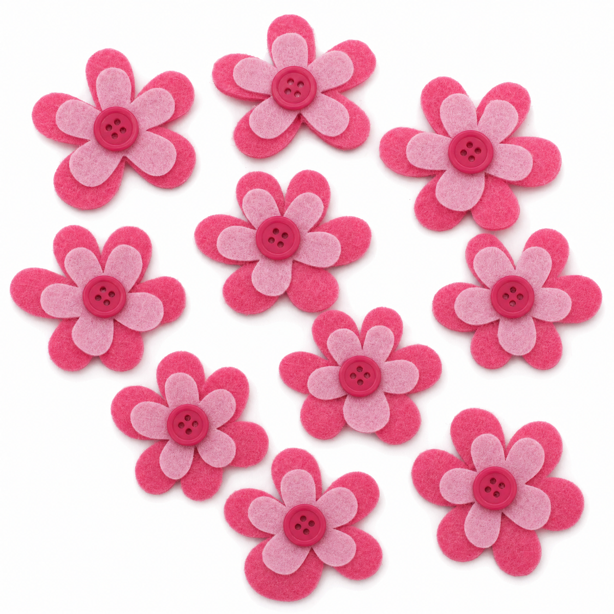 Layered Pink Felt Flower Embellishments with Button Center – 9-Pack Craft Shapes (1.57")