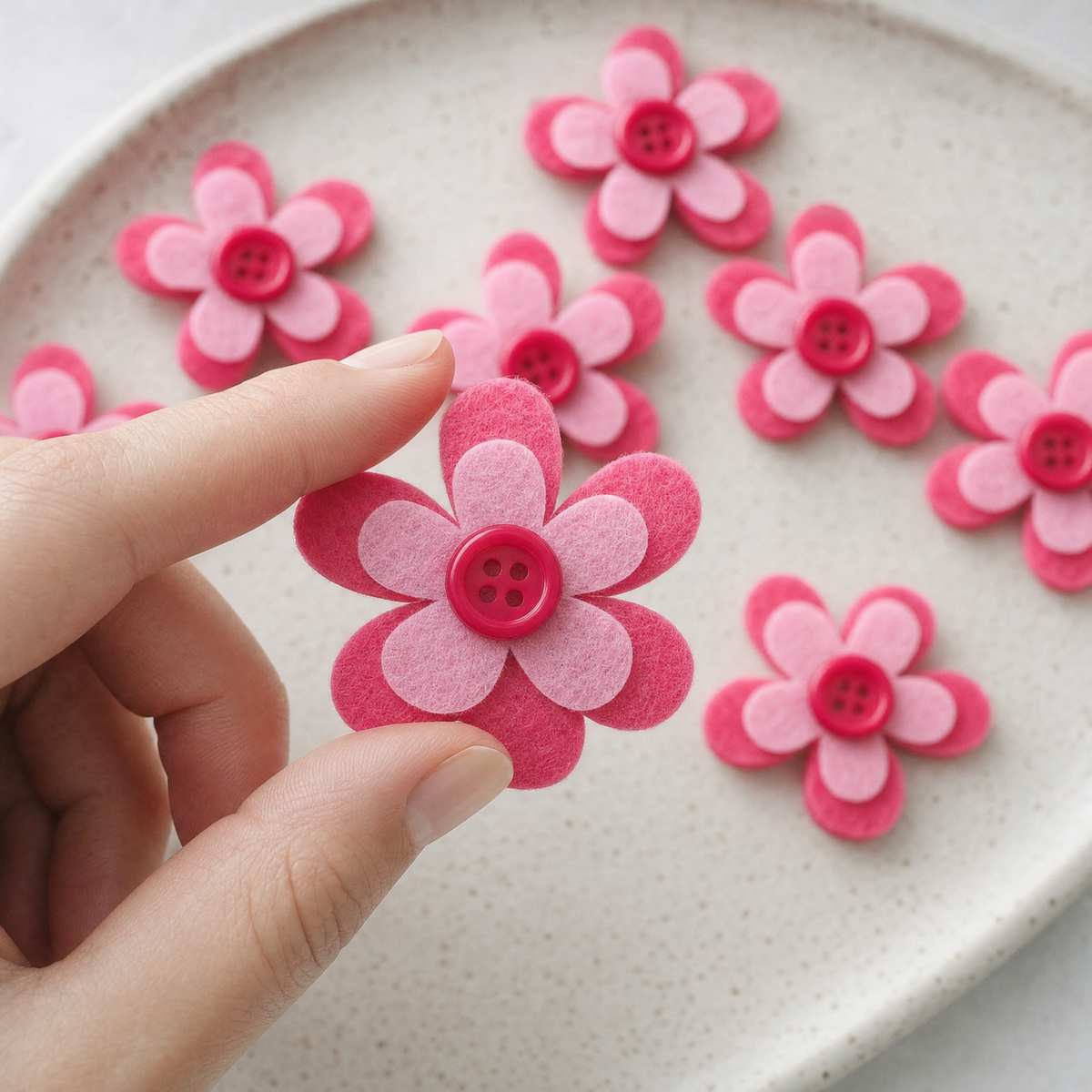 Layered Pink Felt Flower Embellishments with Button Center – 9-Pack Craft Shapes (1.57")