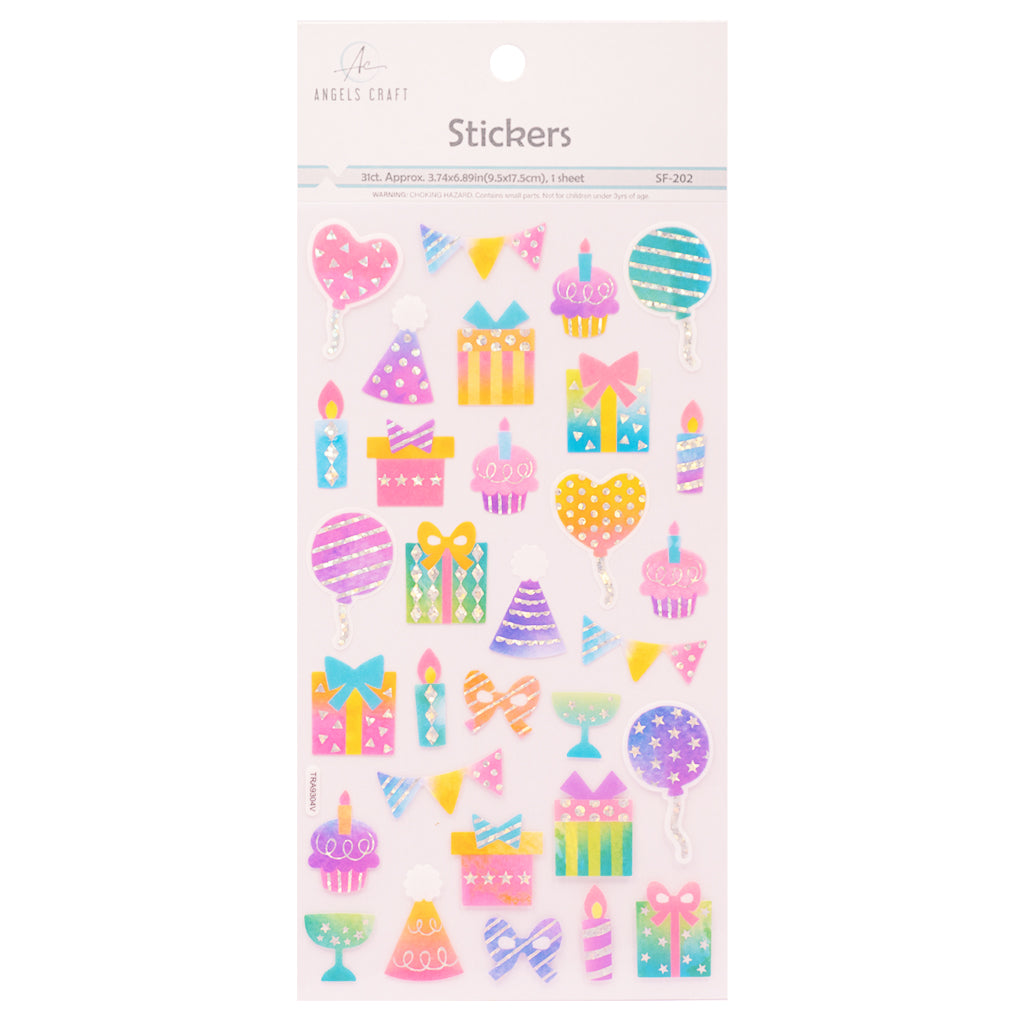 Angels Craft Paper Stickers: Watercolor Birthday Party (31 Stickers Total)