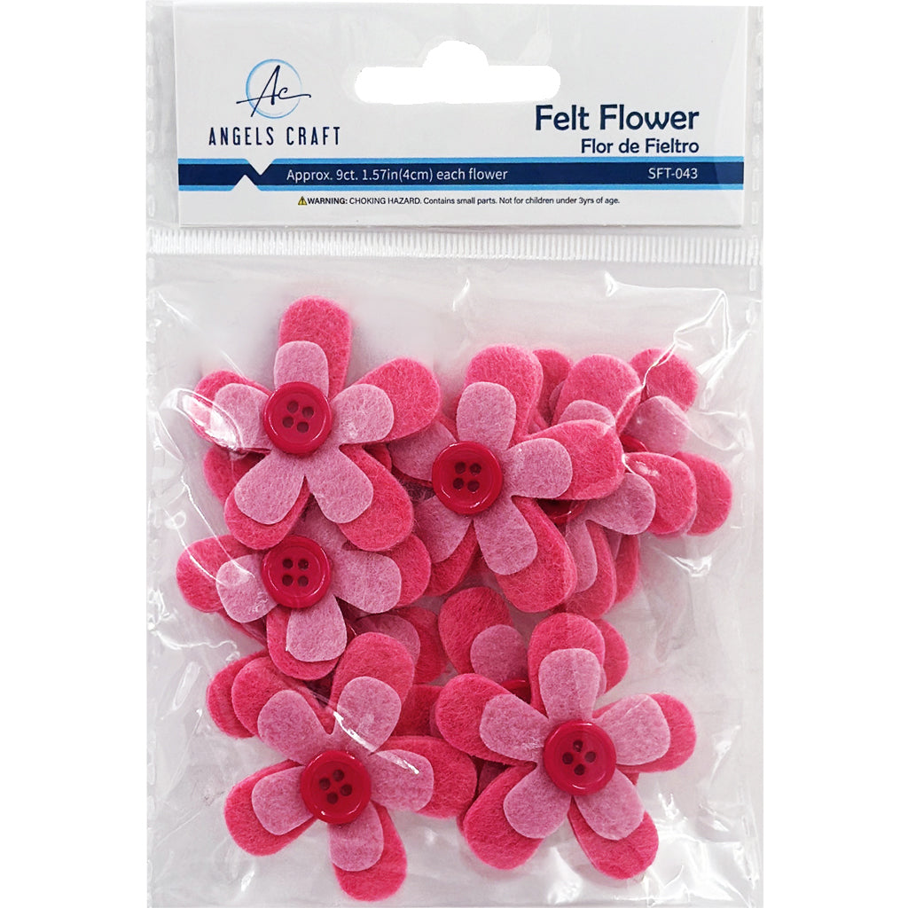 Layered Pink Felt Flower Embellishments with Button Center – 9-Pack Craft Shapes (1.57")