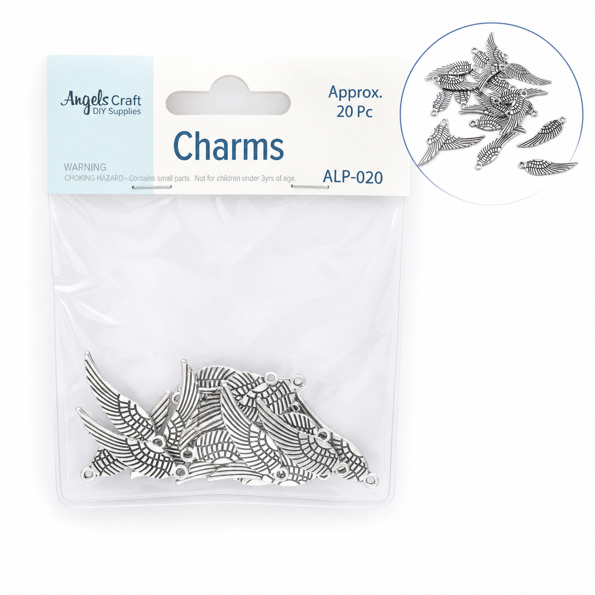 Wing Alloy Charms, Antique Silver - 20-Piece Pack