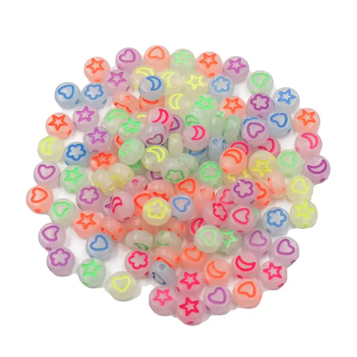 Luminous Acrylic Beads, Star, Flower, Moon & Heart