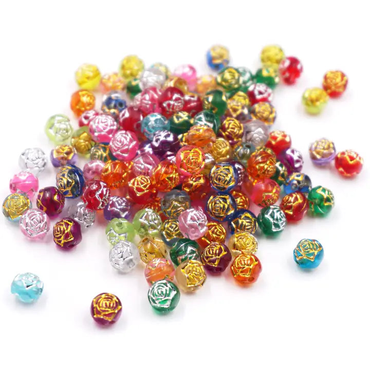 Rose Engraved Beads, Assorted Colors