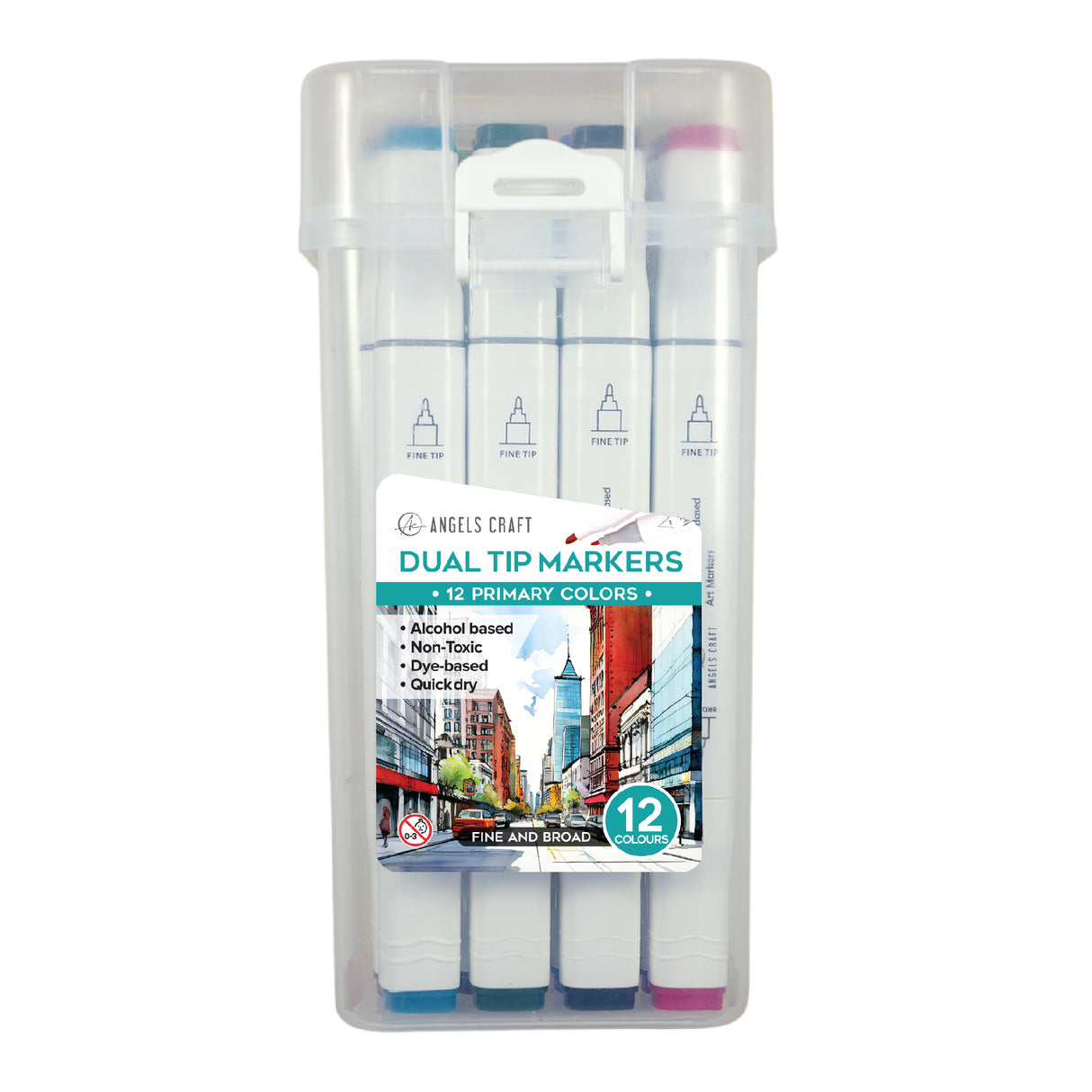 12-Piece Set of Alcohol Dual Tip Markers in Primary Colors