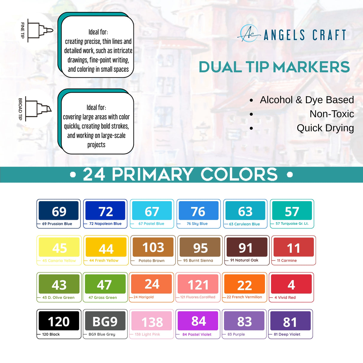 Bring Your Ideas to Life: 24-Piece Dual-Tip Alcohol Marker Set