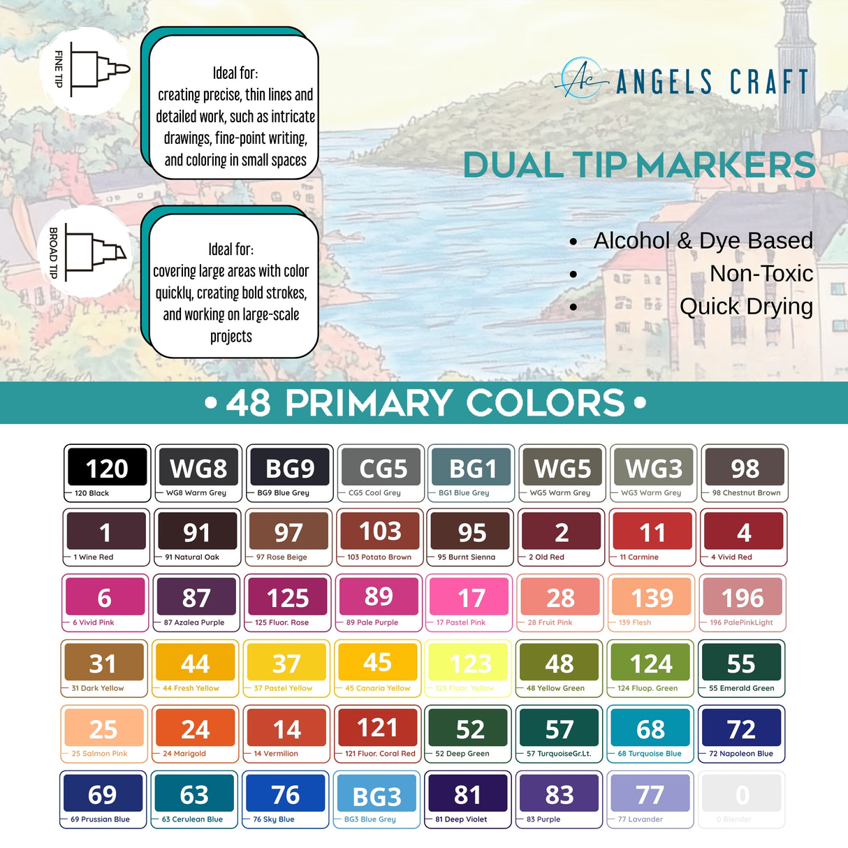 Bring Your Designs to Life: 48-Piece Dual-Tip Alcohol Marker Set