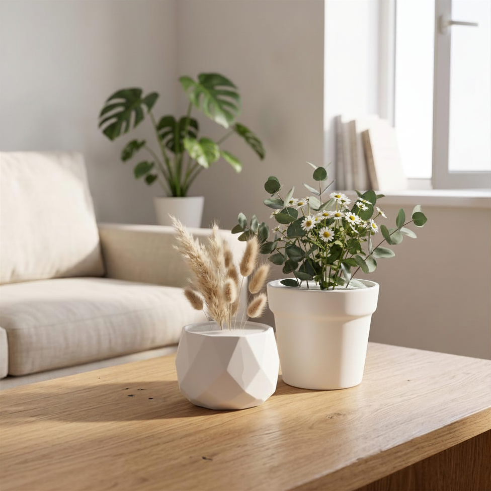 White Geometric Flower Pot with Floral Foam