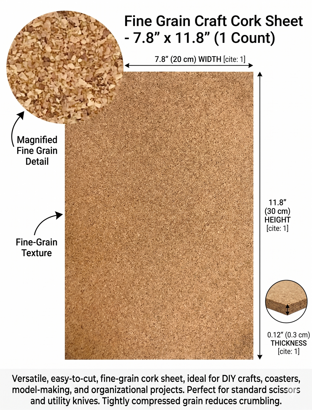Fine Grain Craft Cork Sheet - 7.8" x 11.8"