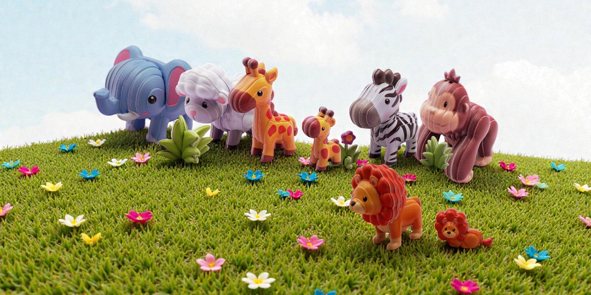 Toy animals including an elephant, sheep, giraffe, and others on a grassy field with flowers.