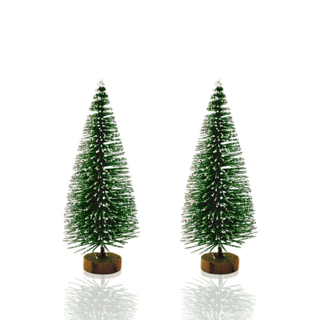 Mini Festive Pine Trees with Wooden Base – 2-Pack