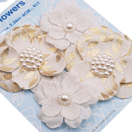 Angels Craft 48 Count Burlap Flowers with Pearl & Gold Accents