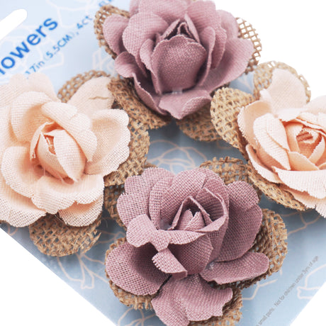 Angels Craft 4 Count Burlap Flowers with Pearl Embellishments