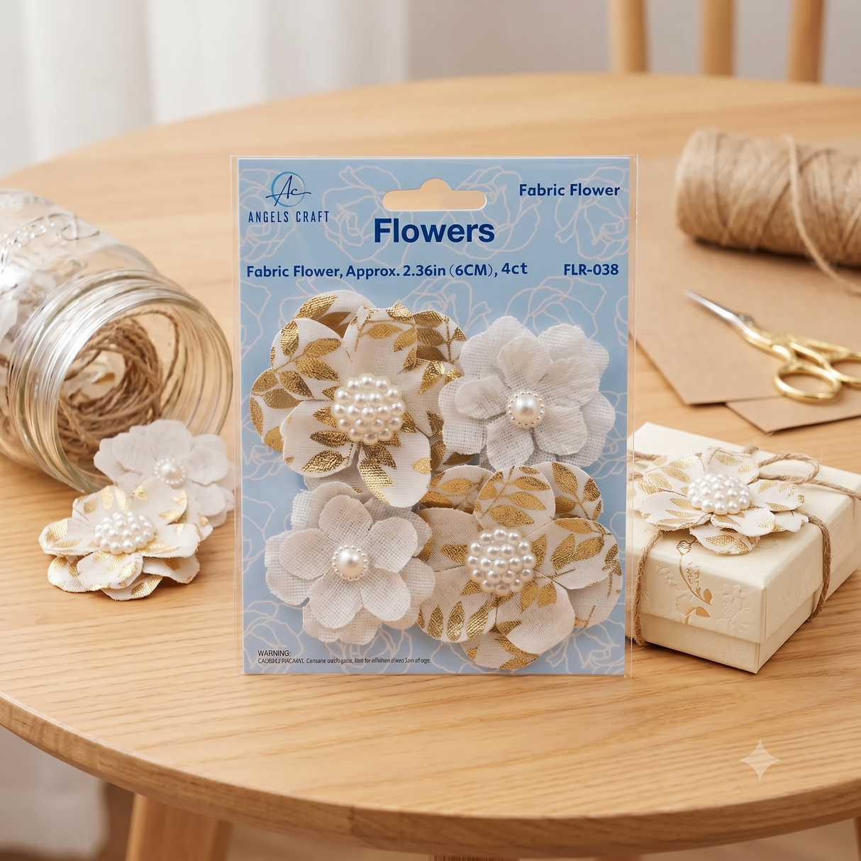 Angels Craft 4 Count Burlap Flowers with Pearl & Gold Accents
