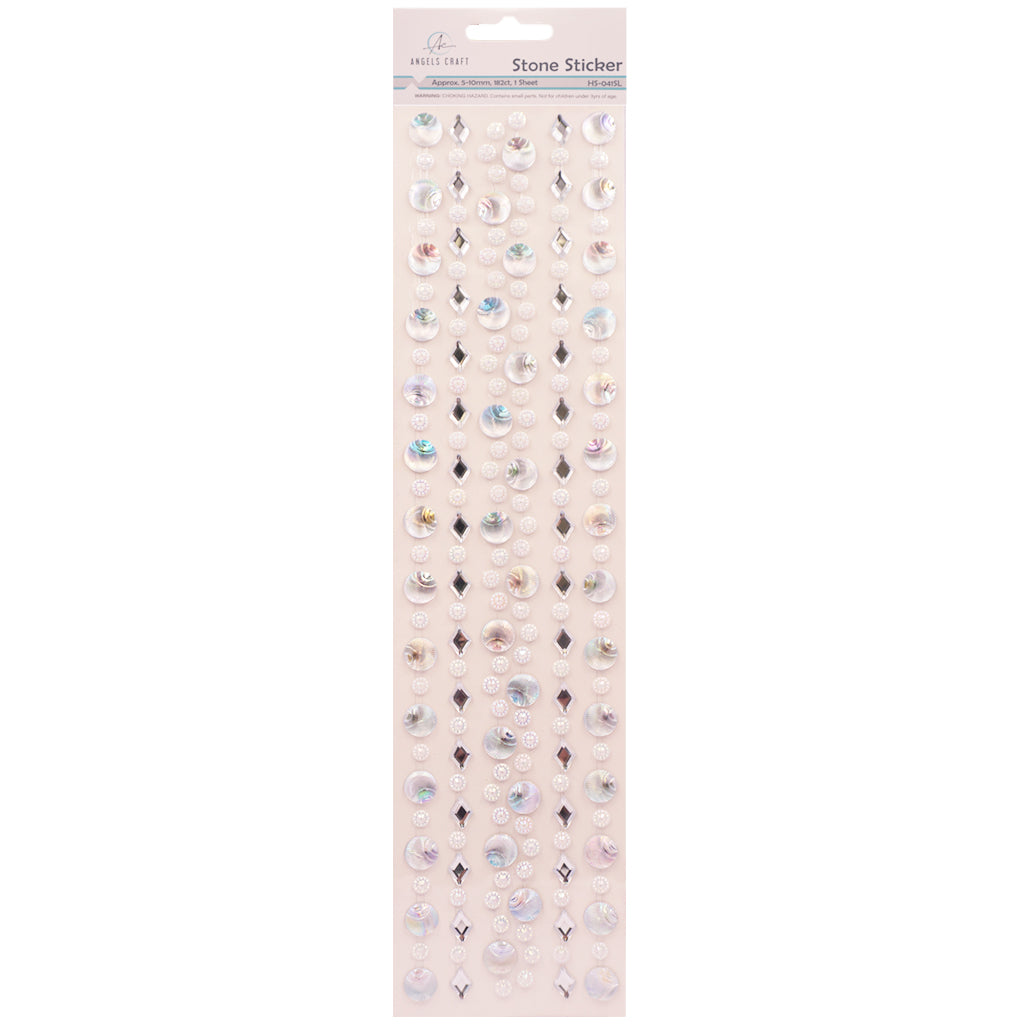 Stone Sticker Sheet: Silver Seashells & Asst Shapes (182 Stones Total)