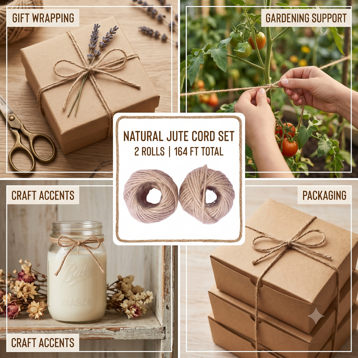Natural Jute Twine Set (2 Rolls) – 164ft Eco-Friendly Craft & Gift Wrapping Cord