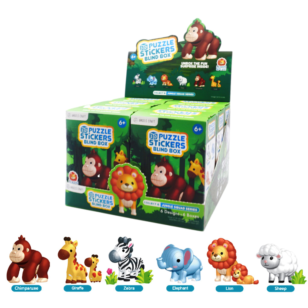Display of animal figurine blind boxes with packaging and small figurines on a white background