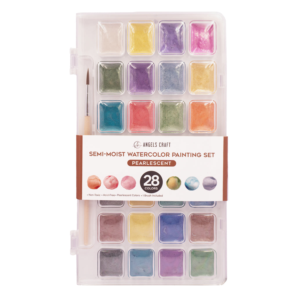 Angels Craft 28-Color Pearlescent Watercolor Paint Set with 1 Artist Brush