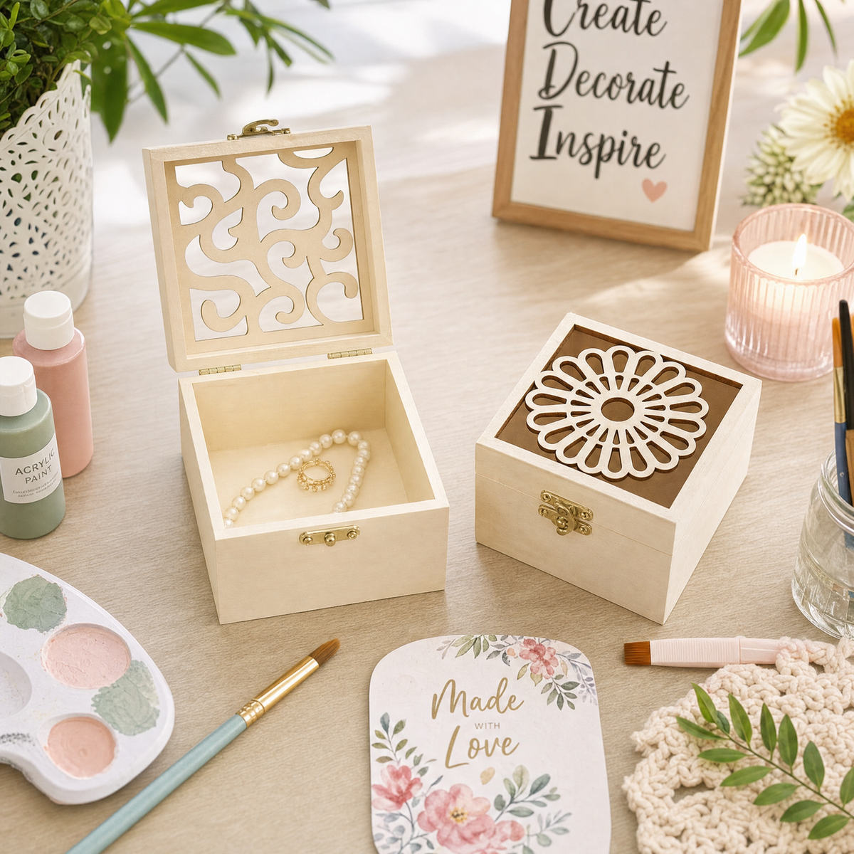 Laser-Cut Unfinished Wood Jewelry & Keepsake Box with Clasp